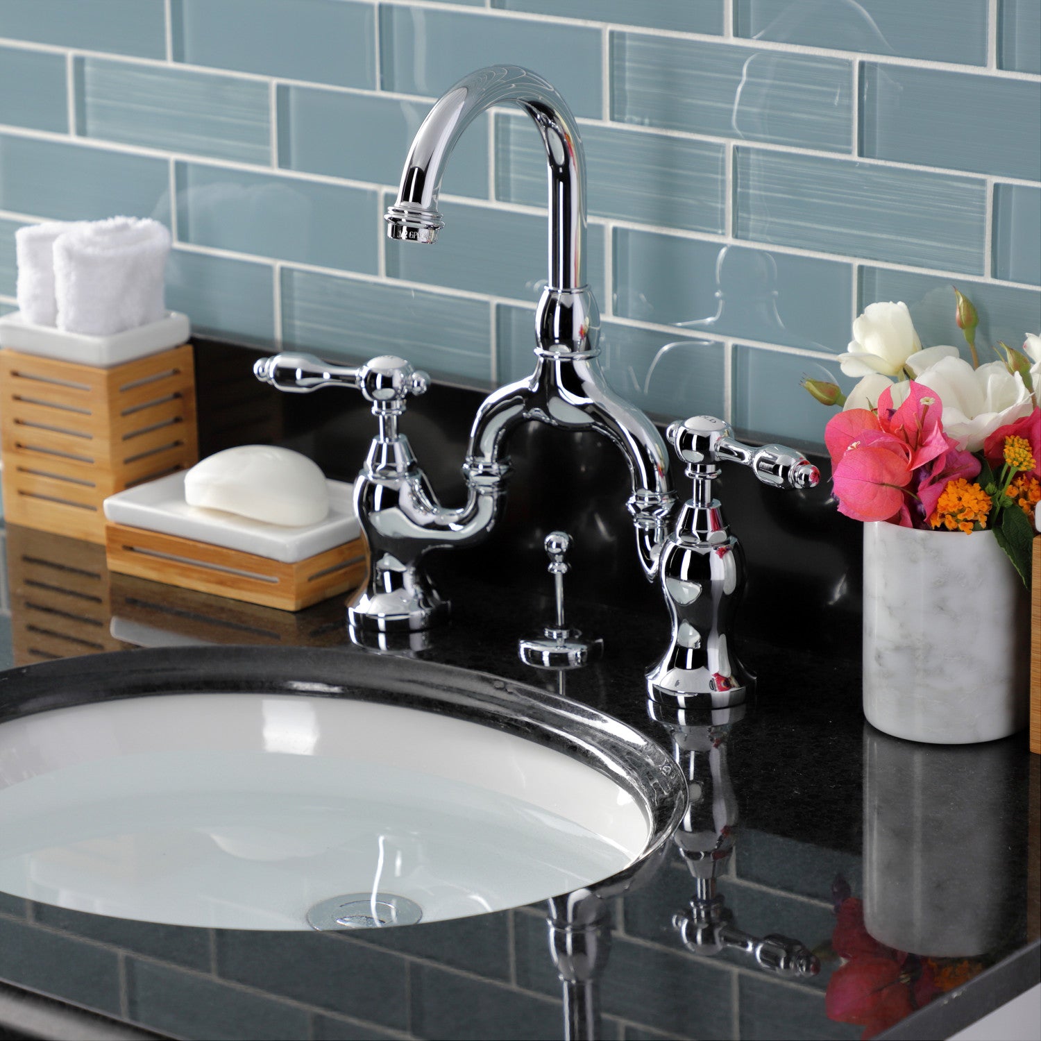 Kingston Heirloom KS7991TAL - Tudor Two-Handle 3-Hole Deck Mount Bridge Bathroom Faucet with Brass Pop-Up, Polished Chrome — thumbnail 3